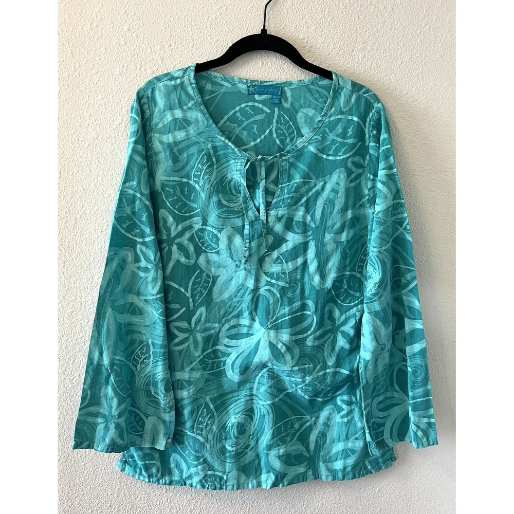 Fresh Produce Womens Tunic Top MD/LG Teal Tropical Floral Cotton Bell Sleeve
